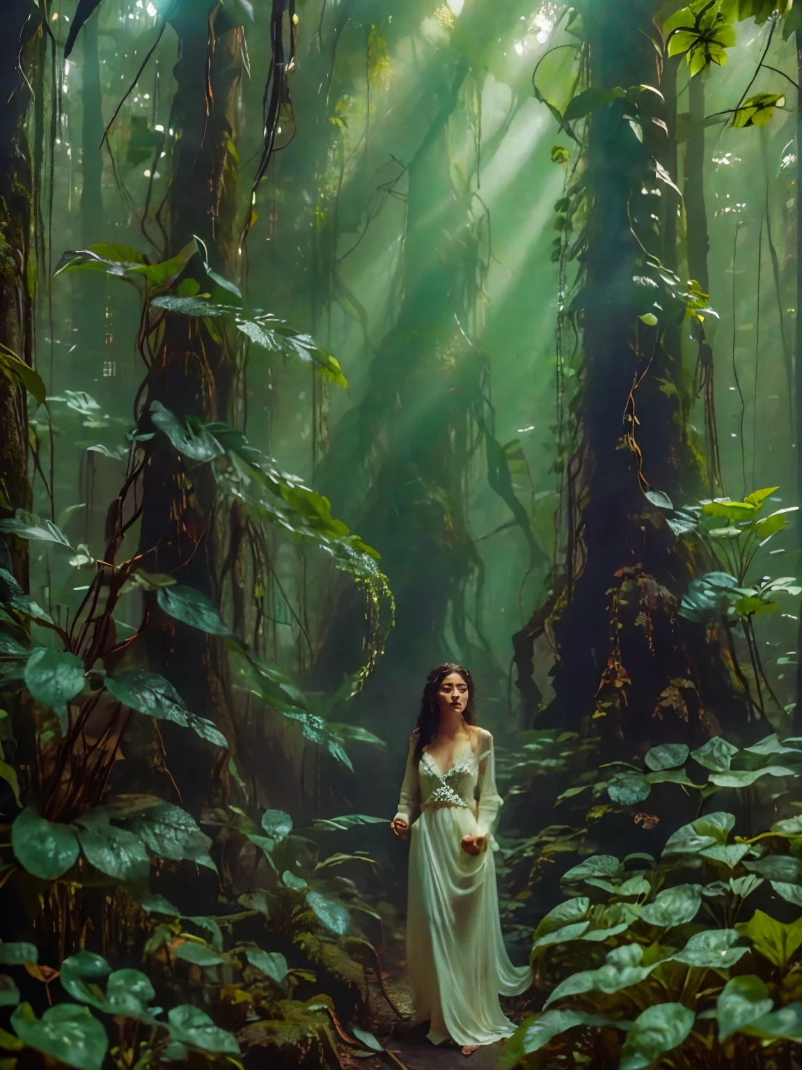 (best quality,4k,8k,highres,masterpiece:1.2),ultra-detailed,realistic:1.37,a girl in the primeval forest,anatomically correct,beautiful,demonic,seductive,depth of field,tight-fitting pants,lush greenery,ethereal atmosphere,dappled sunlight,whimsical flora,wild flowers,dense foliage,ancient trees,majestic ferns,vibrant moss-covered rocks,ethereal fog,dark shadows,serene ambience,mysterious aura,mystical creatures peeking from the shadows,dreamlike surroundings,enchanted forest,quiet whispers of nature,subtle hint of magic,gentle rustling of leaves,magical rays of sunlight piercing through the canopy,enchanted realm,tranquil haven,mesmerizing beauty,harmonious blend of textures and colors,majestic splendor,hushed tranquility