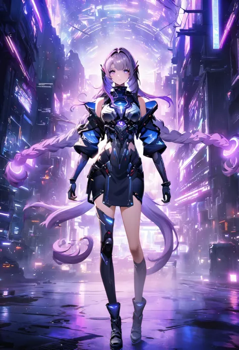 A girl，Gradient purple hair，Double tail，Purple pupils，Blue-purple hue，The background is a blue science fiction scene，Neon，FF15 s...