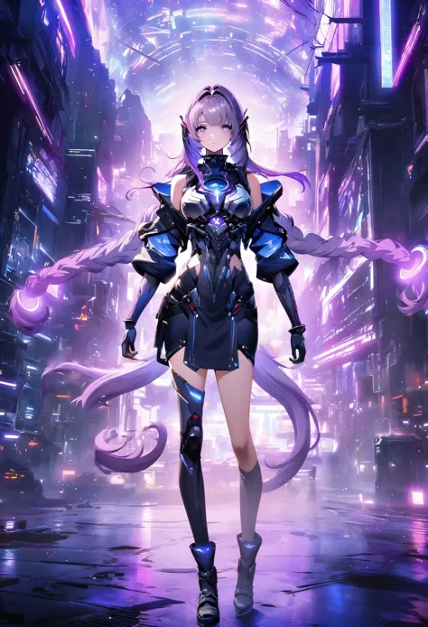 a girl，gradient purple hair，double tail，purple pupils，blue-purple hue，the background is a blue science fiction scene，neon，ff15 s...