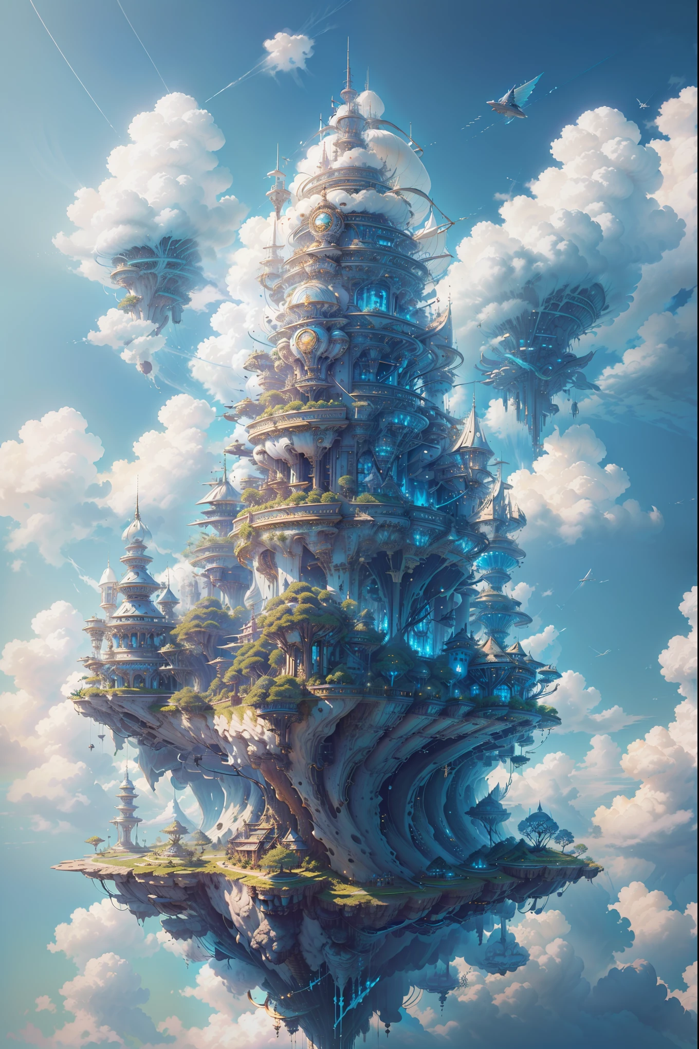 photo of floating small island in sky high, ((floating in sky, getting off the ground)),steampunk style, highest quality, masterpiece, beautiful, detailed details, epic skyscape,  ((European-style elegant garden on  small  island floating in  sky ))。 blue sky and white clouds background, , ((viewed from below:1.2),