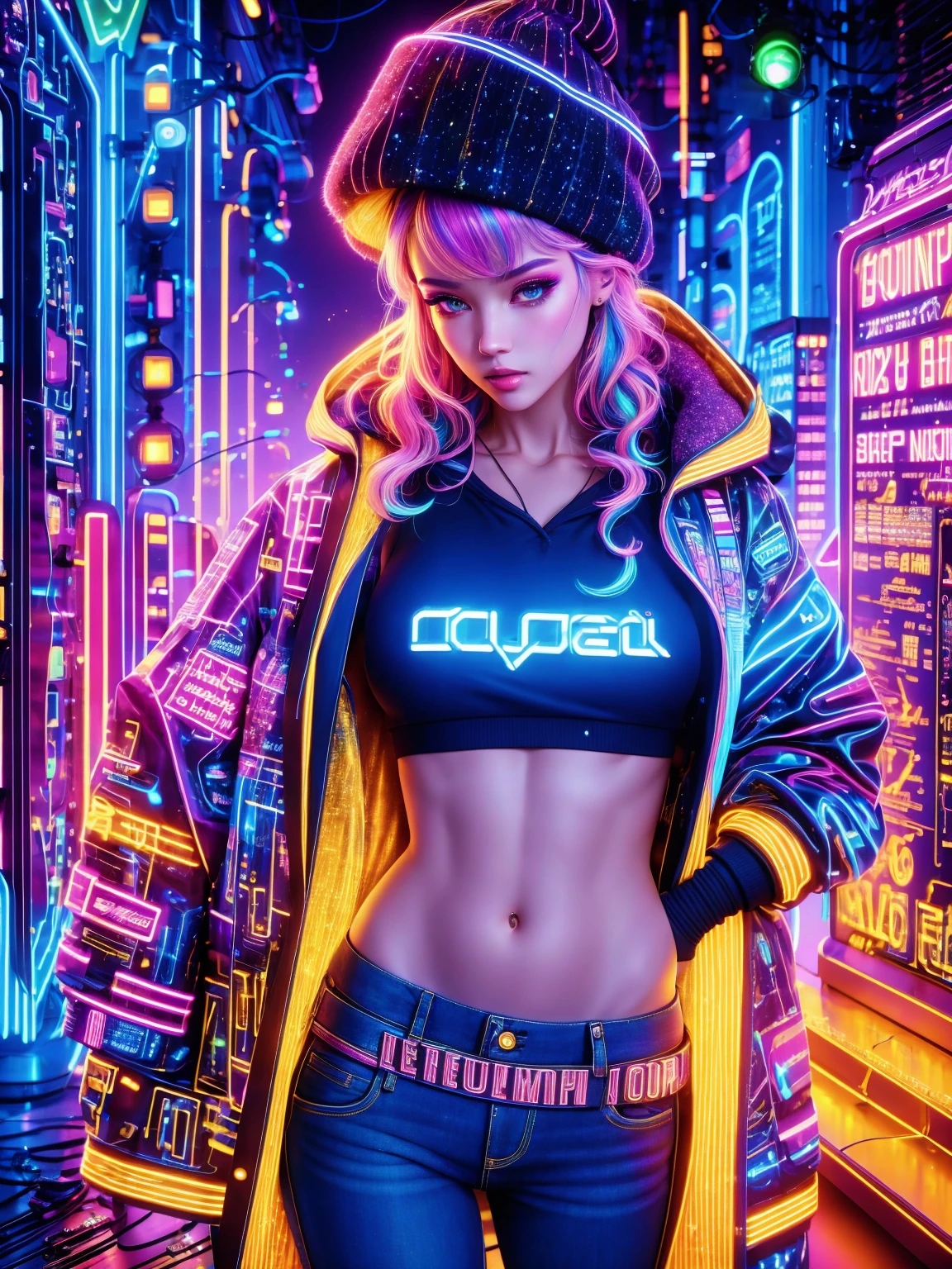 (Neon)，Circuit Board，(Representative :1.2), 16k, neon background, Cyberpunk background, Cyberpunk, get off the sports car, Neon lighting effect reflected on the character's body, neon lighting effect, line neon,1 girl, night, blurred background, brown eyes, cowboy, denim jacket, depth of field, hands in pockets, upper body, slanted body, above hips, hat, hoodie, coat, jeans, lips, looking at the viewer, neon, open clothes, open jacket, slightly lifted lips , rainbow, shirt, solo, standing，(Exquisite and perfect demeanor:1.3)，(dream)，(Ultra HD, masterpiece, precise, Anatomically correct, textured skin, High Detail, high quality, The award-winning, 8k)