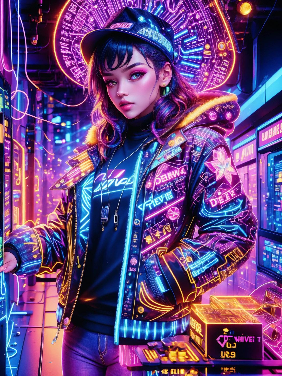 (Neon)，Circuit Board，(Representative :1.2), 16k, neon background, Cyberpunk background, Cyberpunk, get off the sports car, Neon lighting effect reflected on the character's body, neon lighting effect, line neon,1 girl, night, blurred background, brown eyes, cowboy, denim jacket, depth of field, hands in pockets, upper body, slanted body, above hips, hat, hoodie, coat, jeans, lips, looking at the viewer, neon, open clothes, open jacket, slightly lifted lips , rainbow, shirt, solo, standing，(Exquisite and perfect demeanor:1.3)，(dream)，(Ultra HD, masterpiece, precise, Anatomically correct, textured skin, High Detail, high quality, The award-winning, 8k)