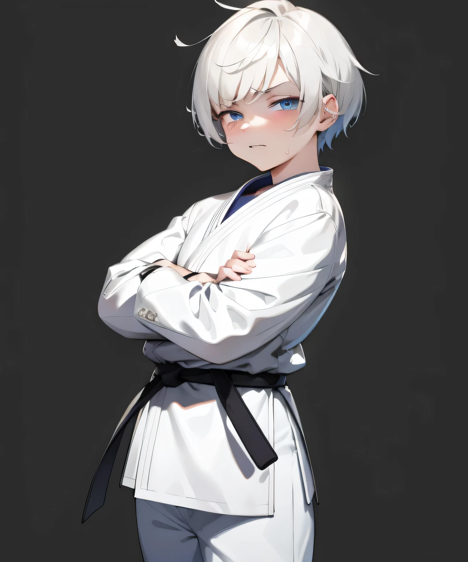 Solo Images、10 year old boy with white hair,Straight hair ,Cold Eyes、Cool look、Beautiful Boy、Long eyelashes、 blue eyes,Small arms々Muscular,thin and short hair、Judo、Disgusted face.martial arts background