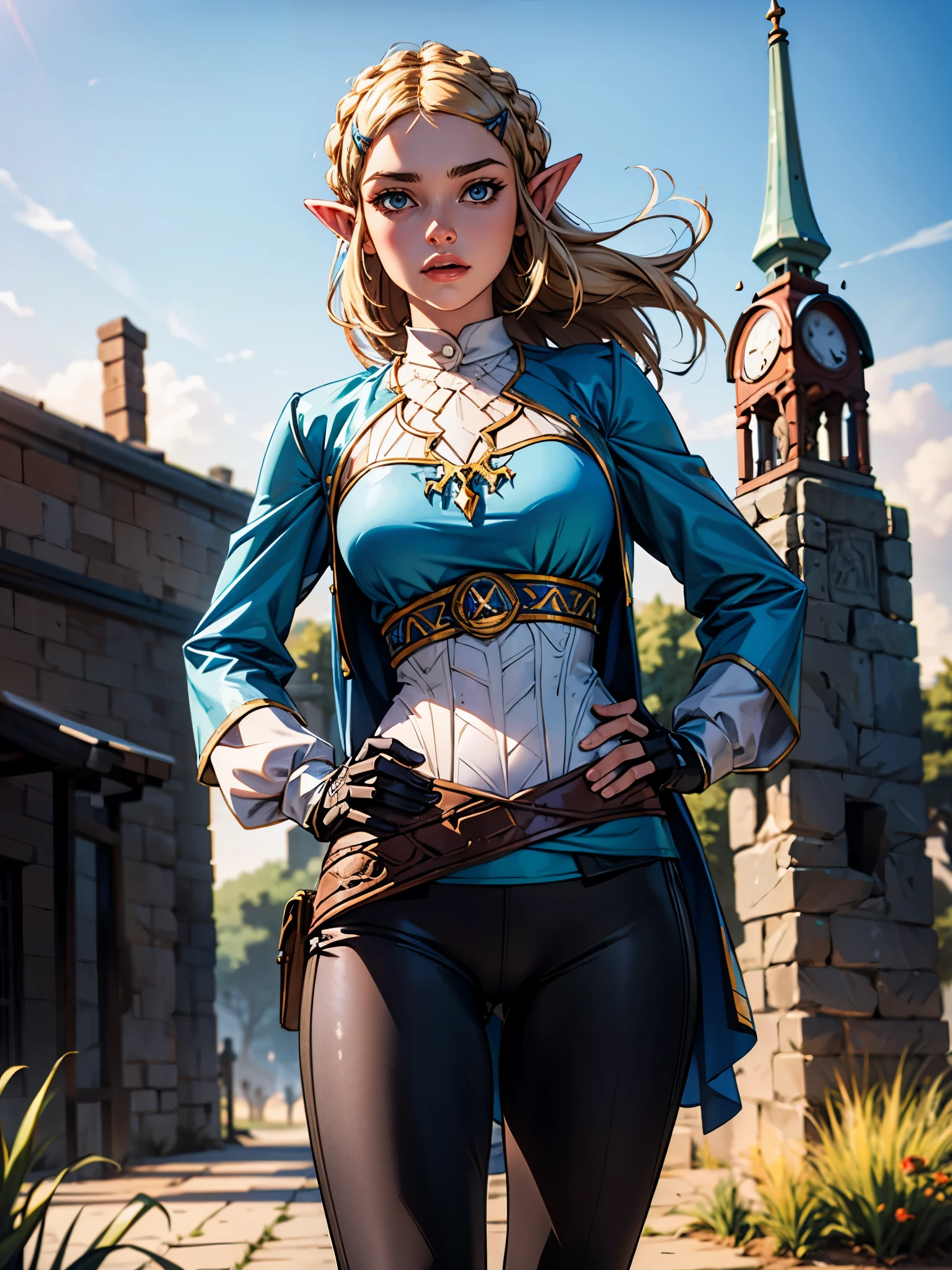 masterpiece, best quality, highres, aazelda, Princess_Zelda, long hair, crown braid, hairclip, pointy ears, blue shirt, long sleeves, fingerless gloves, black gloves, black pants, tight pants, night, standing, cowboy shot, outdoors, hand on hip,