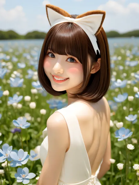 8k, highest quality, masterpiece, Realistic, Super detailed, photo Realistic, Improvement of quality, A photo of a girl in a white dress standing in a field of nemophila,Beautiful and delicate portrait of a playful cute girl with boyish short hair, Cat ear...