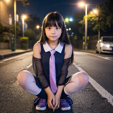 Genuine、Realistic、11-year-old girl、Completely naked、Under the street lights at night、Tie your hair behind your head、Mesh knee-hi...