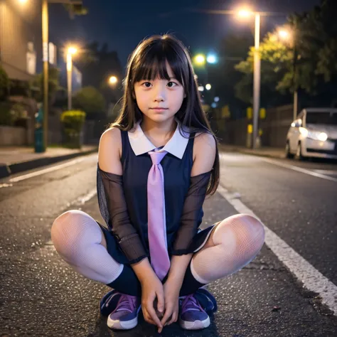 genuine、realistic、11-year-old girl、completely naked、under the street lights at night、tie your hair behind your head、mesh knee-hi...