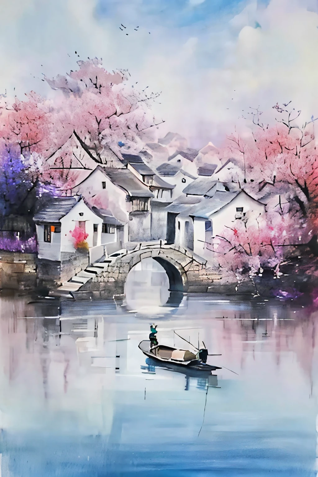 masterpiece,best quality,ultimate detail,illustrations,ultra high definition,ultra detail,8k resolution,ultra high resolution,best image quality,high detail,master's masterpiece,detailed filling,Correct scale,xiaoqiaoliushuirenjia,cherry blossoms,watercraft,architecture,east asian architecture,boat,water,scenery,tree,outdoors,bird,building,arch bridge,house,