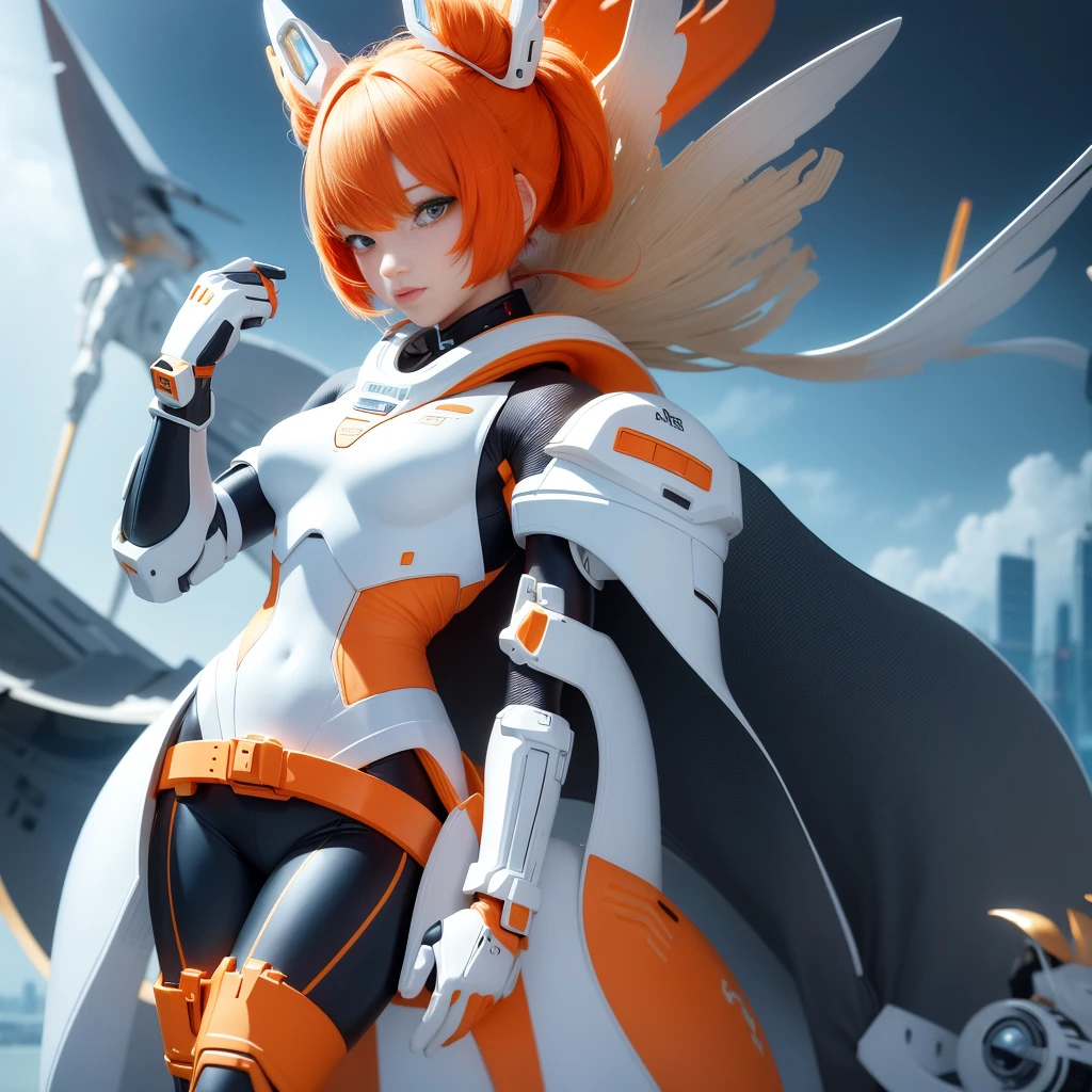 Highest image quality，Outstanding details，Ultra-high resolution，（Fidelity：1.4），The best illustration，Favor the details，Highly cohesive 1girl，He has a delicate and beautiful face，Dressed in a light orange mech，wearing a mech helmet，Hold the direction controller，Ride on blue and white porcelain，Blue and white porcelain background，It is the high-tech lighting of the abandoned city of the future，