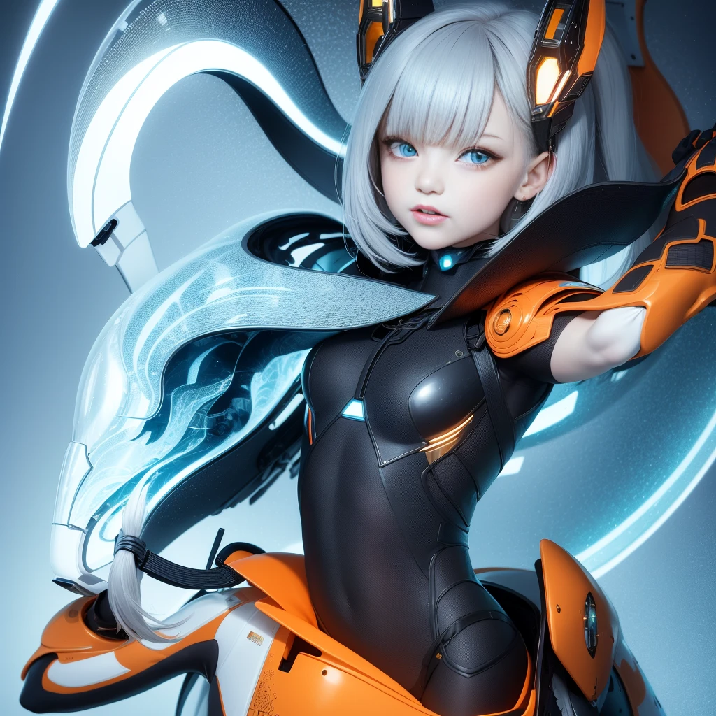 Highest image quality，Outstanding details，Ultra-high resolution，（Fidelity：1.4），The best illustration，Favor the details，Highly cohesive 1girl，He has a delicate and beautiful face，Dressed in a light orange mech，wearing a mech helmet，Hold the direction controller，Ride on blue and white porcelain，Blue and white porcelain background，It is the high-tech lighting of the abandoned city of the future，