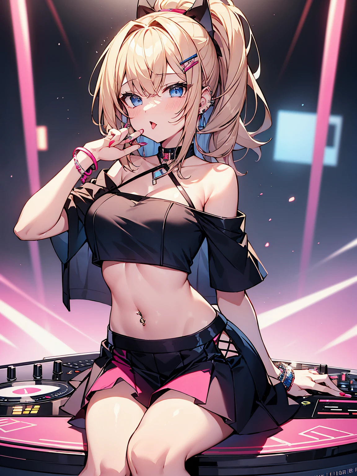 highest quality、masterpiece、4K、Blonde、Long ponytail、Slanted Eyes、blue eyes、DJ gal、pink off shoulder clothes、Cleavage、Have many ear piercings、Belly button piercing、bracelet、Lots of accessories、Headphones、Pink Lips、Large Breasts、Short skirt、Knee-high boots、A girl playing DJ、Lots of neon、Mouth open and tongue out、Red nails、Nightclub