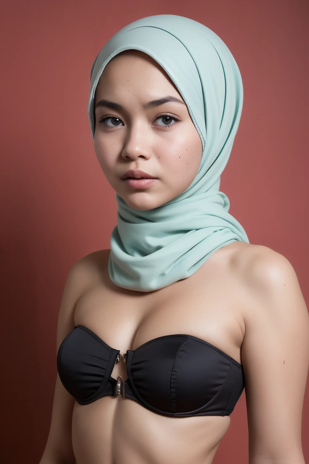 A woman in a black bikini and a green hijab - SeaArt AI