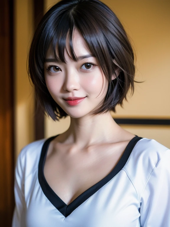 (masterpiece:1.3), (8k, Photorealistic, Raw photo, Best image quality: 1.4), Japanese female college student、(Random hairstyle:1.2)、Cleavage:1.2、Super detailed face、Eye for details、double eyelid、Sharp focus:1.2、Beautiful woman:1.4, highest quality、masterpiece、超A high resolution、(Photorealistic:1.4)、Highly detailed and professionally lit smile、thin、Serious expression、Short-haired、Standing cowboy shot