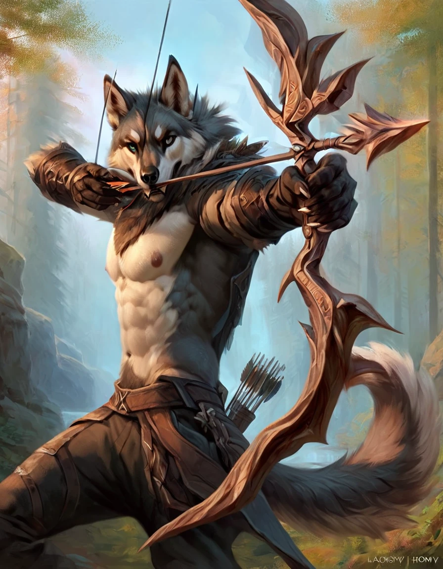 Wolf, comic book style, illustration, solo, ferocious, male, [[masculine pose]], leather outfit, exposed midriff, thin, jacket, quiver, bow, forest, masterpiece, best art, full body, by laobai, by taran fiddler, by honovy, detailed eyes, detailed body, claws, masculine body shape, tall, topless, pecs, abs, nipples, aiming bow