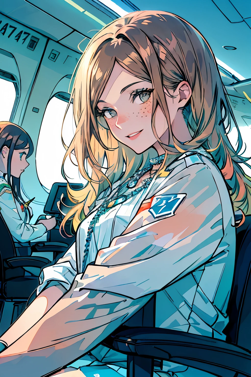 One girl with long wavy brown hair and bright, sparkling brown eyes sits by the window of a modern Boeing 737 aircraft. She is wearing a white blouse and a flowing, light blue skirt. The enlarged depiction of her upper body reveals her slim arms resting on the armrests. She gazes out the window with a calm yet excited expression, her lips parted in a wide smile as she watches the world shrink below. The high resolution of her image showcases every detail, from the freckles on her nose to the intricate design of her necklace. The vibrant neon background of the airport scene contrasts starkly with the serene composition of the girl. In her