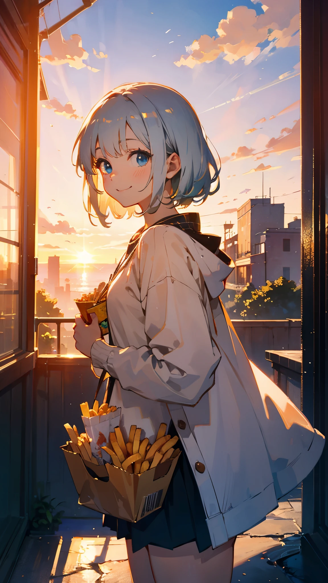 16-year-old girl、solo、Anime style painting、Cowboy Shot、smile、Green and orange tones、Silver Hair, (Sparkling blue eyes)、Eating French Fries、Golden Hour Sky、terrace