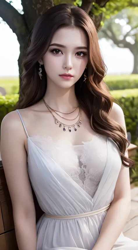 A beautiful young girl looks at the audience wearing a white dress., in the garden, Realistic graphics, wearing a beautiful neck...