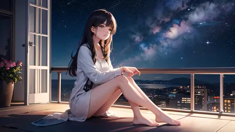 25 year old girl, sitting alone on the balcony, Gazing at the sky, A night sky filled with stars and galaxies, masterpiece,