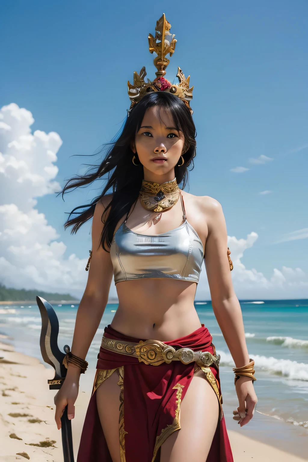 Haz una frase de comando para un personaje como un héroe de la tierra de Bali., Indonesia que es poderosa y poderosa con un arma en la playa de Kuta Bali Indonesia