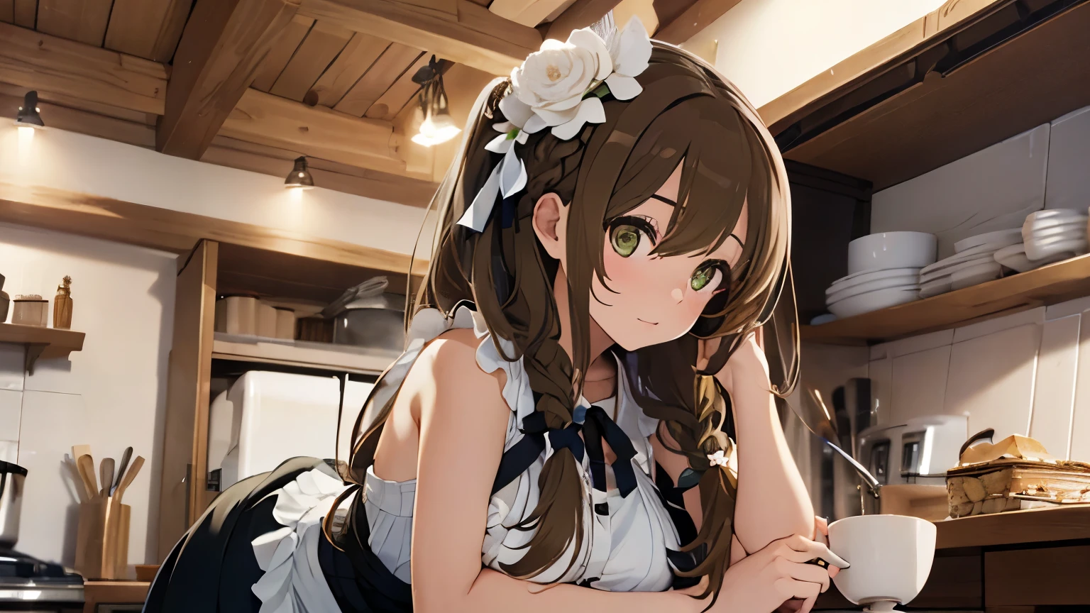 masterpiece, best quality, high resolution, 1 girl, Solitary, Oversized fox tail，Green Eyes，(long brown hair_side french braid)，Small flower headdress, (27 years old，Big breast wife)_Adult body_F cup，Modern Architecture, , In the kitchen_Make cakes，apron，