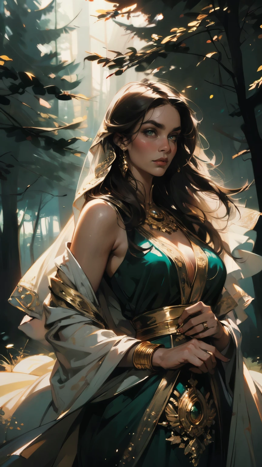 ((A woman with flowing long dark hair,sharp upward-arched thick eyebrows,large expressive green eyes,a delicate oval face,a sensual wide mouth,gold nose ring,delicate gold veil,inviting expression,mughal princess,mughal dress,gold ornaments,beckoning hand,amber energy aura,standing in forest, summer,fantasy scene))professional,anatomically correct,symmetrical face,extremely detailed eyes and face,high quality eyes,creativity,RAW photo,Natural light,cinematic lighting,masterpiece:1.5