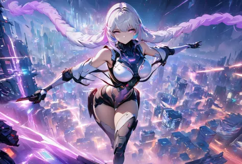 (Whole body image:1.5), (Extremely detailed CG unified 16k wallpaper:1.1), (Denoising Strength: 1.45), Beautiful and delicate eyes, Color Background, mech coverage, Dark purple with white hair, Fluorescent violet, cool action, rose red eyes, Beautiful and detailed cyberpunk city, Colorful hair, Beautiful and delicate light, 1 girl, Expressionless, Cold expression, crazy, sports, Extremely detailed, Lots of details, HD semi-realistic anime CG concept art digital painting, illustration, glowing light, (Masterpiece:1.37), masterpiece, best quality