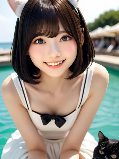 (highest quality、8K、best image quality、Award-winning work)、(eye shadow:1.2)、Beautiful and delicate portrait of a playful cute girl with boyish short hair, Mischievous Smile, ,Black Hair, white Maid clothes、Cat ears on the head、Emerald Green Sea, Dancing Pe...