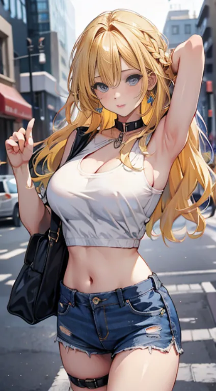 (masterpiece:1.2), best quality, pixiv, cool girl, glorious, blonde hair, street, short shorts, big breast