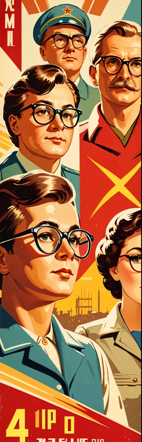 Turn face 45 degrees to the left, people of various professions, Wear glasses, Soviet Union, labor, Retro Style, soviet poster