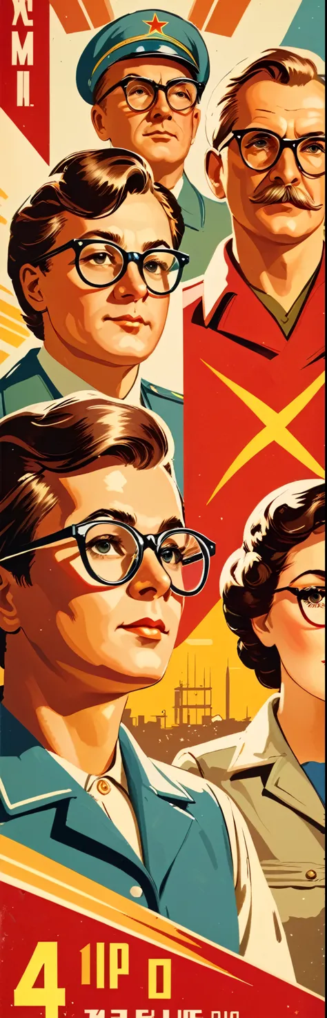 turn face 45 degrees to the left, people of various professions, wear glasses, soviet union, labor, retro style, soviet poster