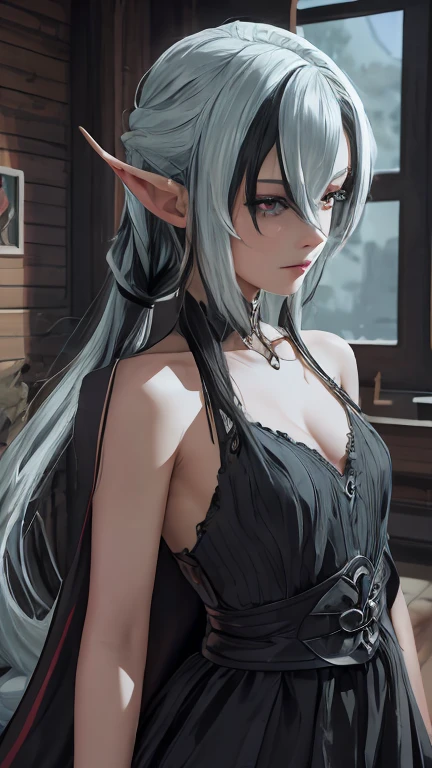 The girl stands and looks at the camera, pixie, elf ears, Beautiful elven ears, Girl in a gothic dress, long dress, floor-length dress, ponytail, High-quality beautiful eyes, Beautiful face, high quality face, dark sky, Thin, Wet waist, a slim body, model appearance, confusion, sexuality, Cute beautiful anime woman, detailed digital anime art, beautiful anime girl, beautiful anime girl, Anime with small details, Best quality, masterpiece, ultra detailed, Beautiful, a high resolution, original,CG 8K ультраrealistic, perfect work of art, Beautiful face, Facial cleanliness, skin, гиперrealistic, ultra detailed, Detailed eye, Dramatic lighting, (realistic) realistic, Full HD, Best quality, Best quality, Beautiful lighting, (8k wallpaper with extremely detailed computer graphics), High detail, sharp focus, The art of dramatic and photorealistic painting., beautiful smile,