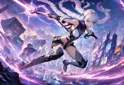 (Whole body image:1.5), (Extremely detailed CG unified 16k wallpaper:1.1), (Denoising Strength: 1.45), Beautiful and delicate eyes, Color Background, mech coverage, Dark purple with white hair, Fluorescent violet, cool action, rose red eyes, Beautiful and detailed cyberpunk city, Colorful hair, Beautiful and delicate light, 1 girl, Expressionless, Cold expression, crazy, sports, Extremely detailed, Lots of details, HD semi-realistic anime CG concept art digital painting, illustration, glowing light, (Masterpiece:1.37), masterpiece, best quality