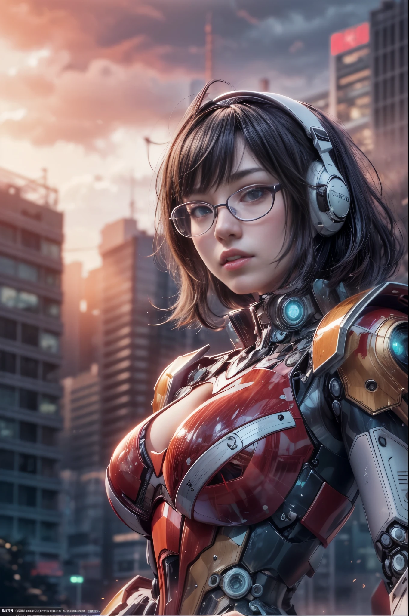 Photorealistic, wide angle, (facing forward), half body, a japanese young woman wearing intricate detailed ((red mecha heavy armor:1.2)), a hyperrealistic beautiful young girls with grayish blue eyes in futuristic glasses, natural sagging breast, high detailed official artwork, beautiful girls with slim fit body and busty posture, long legs, attractive young woman, (atractive poses:1.3, crossed arm hold the breast up), at bench in the (natural foggy cyber city:1.2), futuristic background, rainny day, dubnitskiy david fanart, realistic portrait, smooth photorealistic, perfect visual of a cute girls, cute girls with skinice soft face, face focus, makoto shinkai and artgerm, photon mapping, natural light, warm color tones, vivid colors, cool ambient, foggy atmosphere