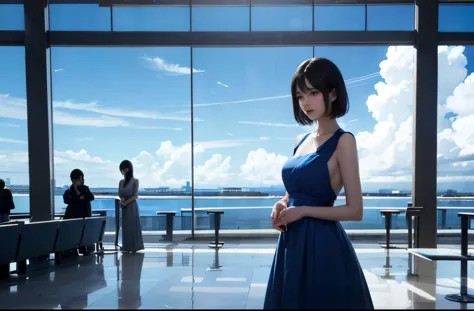 Large airport、Large glass windows、超long shot、Blue dress、White clouds and blue sky、Inside the airport、woman、Backlight、Short black...