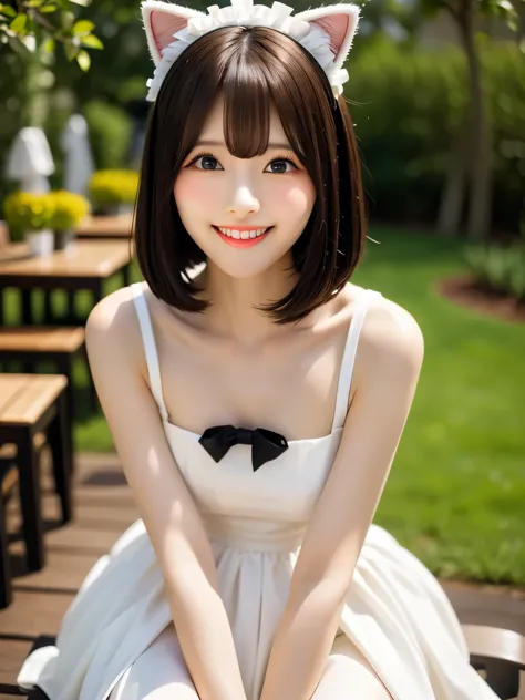 (highest quality、table top、8K、best image quality、Award-winning work)、(eye shadow:1.2)、Beautiful and delicate portrait of a playful cute girl with boyish short hair, Mischievous Smile, ,Black Hair, white Maid clothes、Cat ears on the head、Emerald Green Sea, ...