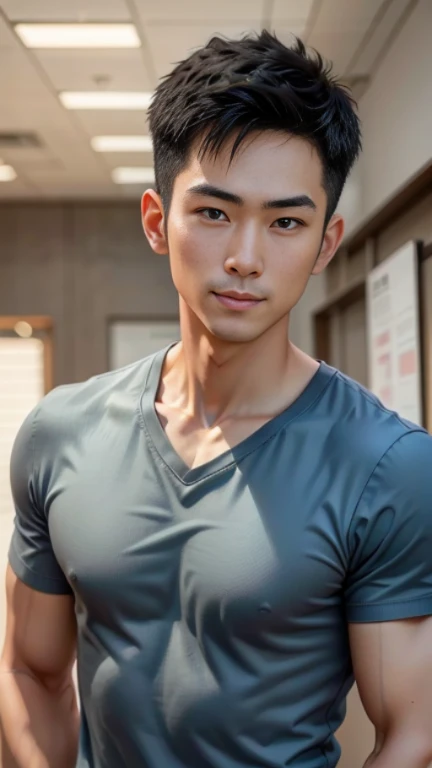 (((male))), 36 years old, Japanese, HD, True-to-life imagery, Upper body composition, The face is illuminated, Black short straight hair, Sharp eyebrows, Squinting，With a hint of cunning, Pointed nose, Thin lips smile, Wearing a light blue round-neck T-shirt，Roll up your sleeves,, Background is a modern office environment, 