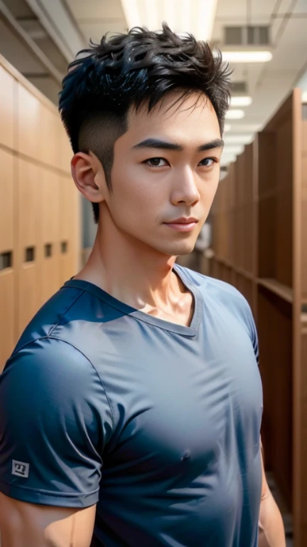 (((male))), 36 years old, Japanese, HD, True-to-life imagery, Upper body composition, The face is illuminated, Black short straight hair, Sharp eyebrows, Squinting，With a hint of cunning, Pointed nose, Thin lips smile, Wearing a light blue round-neck T-shirt，Roll up your sleeves,, Background is a modern office environment, 