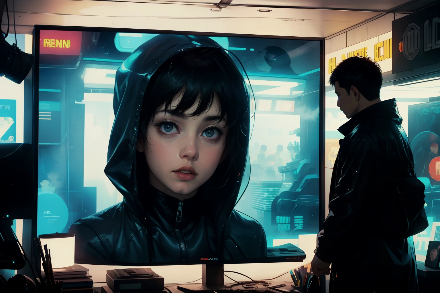 ((highest quality)), ((masterpiece)), (be familiar with), (High definition), (Accurate), (Realistic), (Cinematic), (Best Shadow), (Low contrast), (8K), Perfect Face, ((SYD MEAD style)), manga、mangaデザイン、Storyboard、Panel layout、(Woman looking at a large monitor), (Replicant), (Replicant), ((Black Hair, very short hair, Blue Eyes)), (Black hooded raincoat), (The monitor shows an image of myself)、Glittering neon signs、congestion, congestion, Decadent Future City, NEO TOKYO, A.D.2051, (steam:1.2), It's raining white, evening, 