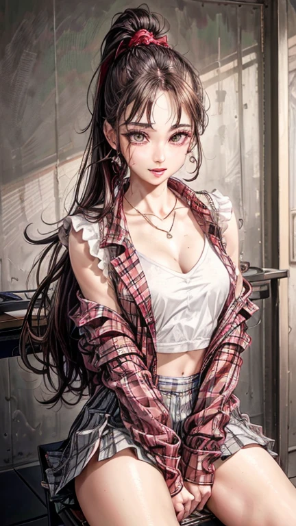 ((highest quality, 8k, masterpiece: 1.3)),((Amazing details: 1.2)),((shape: 1.1)), (Realistic, photoRealistic:1.4), Female Solo,high school girl、Shiny skin, thin, beautiful 髪, Beautiful Face, Highly detailed face, beautiful detailed 目, Beautiful clavicle, Beautiful body, Beautiful breasts, Beautiful thighs, Beautiful legs, Beautiful fingers, (High-quality fabric, red checked tie, A white shirt with a long sleeve and a collar, Grey plaid pleated skirt), Black socks, , (Beautiful views), morning, (classroom) ,,ponytail、 Long eyelashes, Solid Circle Eye, Captivating smile、blush:1.4、tongue、Cleavage:1.3、necklace、(Close one eye、Wink)、(（Sitting on the floor、Sit with your knees together、Sit with your knees bent))、Mid-chest、Short tops、Low-rise skirt、Slender body、Toned Abs、