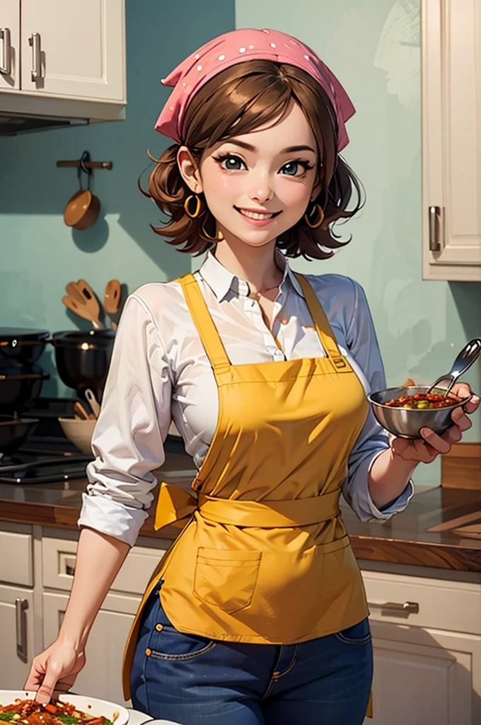 women standing in a cozy kitchen, holding a bowl of chili, looking at viewer, extreme detail, masterpiece,
cookingmama, white shirt, yellow apron,jeans, looking happy, smiling,  