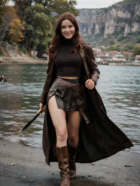 ((fantasy setting)), (old fashioned), (realistic), (facing camera), (year 1400), (western), 1 girl smiling Chaterine denevue , maroon hair, standing on pier, relaxed, 20 years old, leather armor,  Brown long maxi-skirt(black long maxi-skirt:1.2 , busy surr...