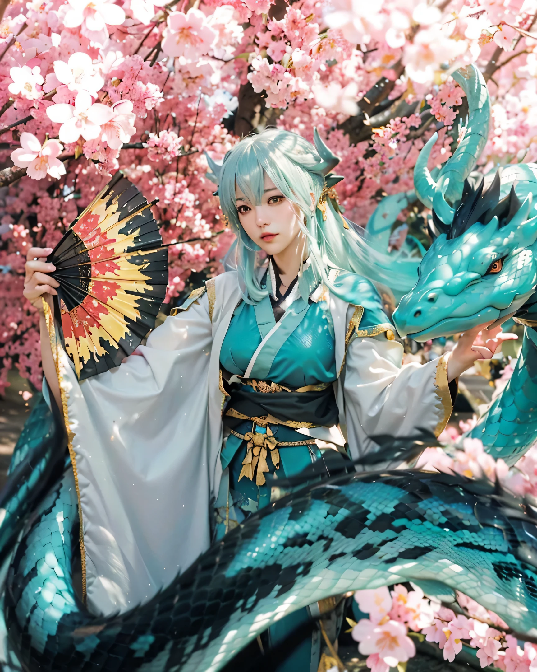 (KIYOHIME_FATE GRAND ORDER),((realistic, photorealistic)),(highlight hair)), Light reflection, (( HD )),((upper body)), (((best quality, masterpiece))), (masterpiece) (best quality) (detail) (8k) (HDR) (wallpaper) (cinematic lighting) (sharp focuasterpiece, best quality: 1.1), Real life adaption of this character, Asian teen beauty face, Shining Purple eyes, realistic outfit, realistic shadow, realistic light, realism, hyper realistic, realistic background,(photorealistic:1.2), 1girls,Background of cherry blossom trees, dragon snake coiled body, dragon snake scales, holding fan kiyohime Fate Grand order,Sakura foreground blur, smoke spirit mist, glowing fan, glowing dragon snake eyes, detailed dragon snake head, flying cherry blossoms,Motion blur of coiled snake, Motion blur of cherry blossoms flying,Scales coming off, blurred background,Cherry blossoms are flying ,Dragon snake spirit smoke