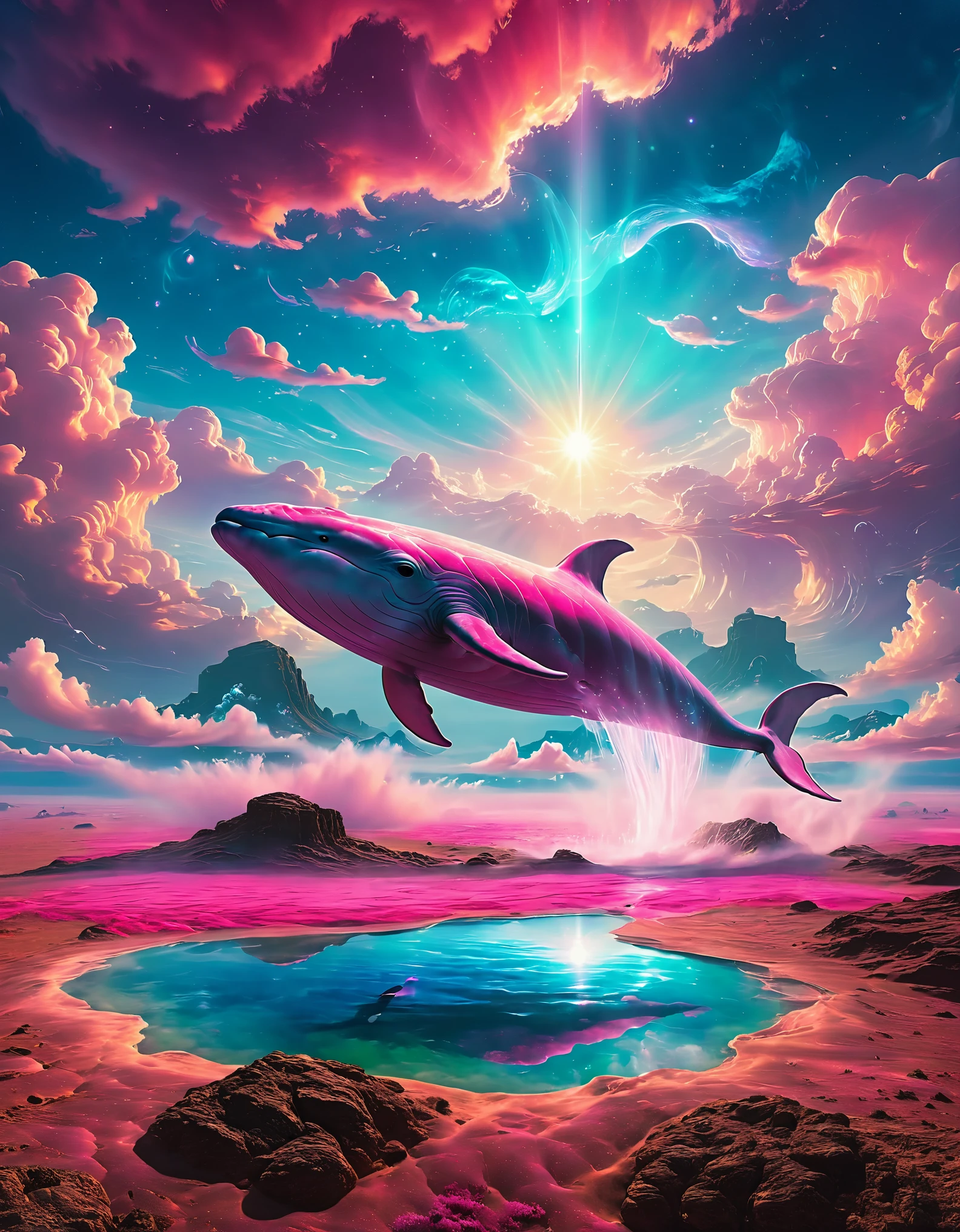 pink whale , a pink majestic whale floating above the clouds of the desert sky, (best quality,4k,8k,highres,masterpiece:1.2),ultra-detailed, ethereal, dreamlike, surreal, with a touch of magic, vibrant colors, soft and delicate, blending seamlessly into the clouds, with a serene and tranquil expression, surrounded by a mystical aura, glowing softly, reflecting the sunlight, creating a breathtaking scene.