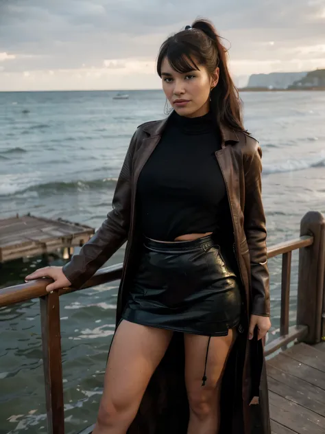 ((fantasy setting)), (old fashioned), (realistic), (facing camera), (year 1400), (western), 1 girl serious  Bettie Page , black ponytail hair, standing on pier, relaxed, 20 years old, leather armor,  Brown long maxi-skirt(black long maxi-skirt:1.2 , busy s...