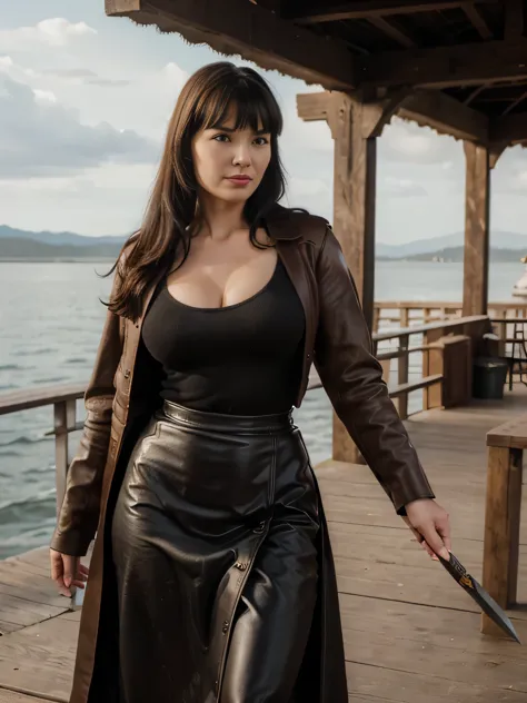 ((fantasy setting)), (old fashioned), (realistic), (facing camera), (year 1400), (western), 1 girl sexual smiling Bettie Page , black ponytail hair, standing on pier, relaxed, 20 years old, leather armor,  Brown long maxi-skirt(black long maxi-skirt:1.2 , ...