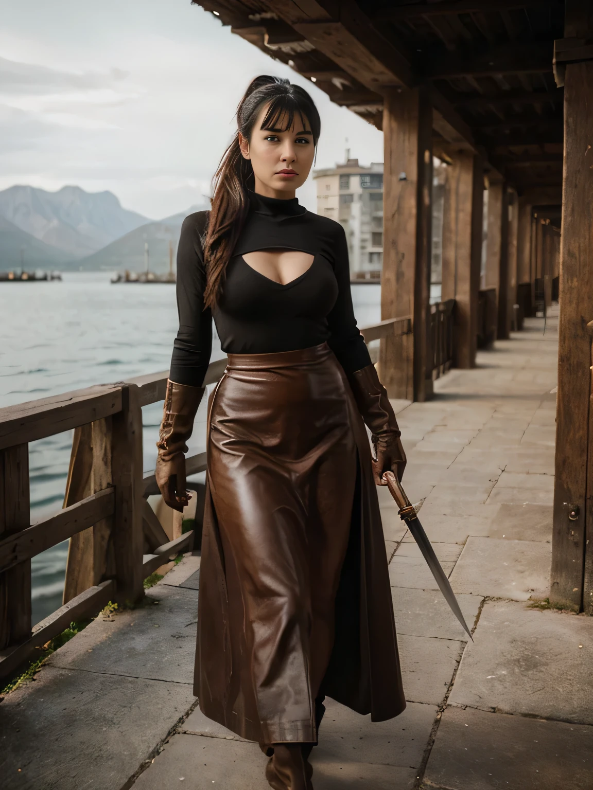 ((fantasy setting)), (old fashioned), (realistic), (facing camera), (year 1400), (western), 1 girl serious  Bettie Page , black ponytail hair, standing on pier, relaxed, 20 years old, leather armor, (( brown leather gloves)) Brown long maxi-skirt(black long maxi-skirt:1.2 , busy surroundings, brown coat, holding a sword in one hand, flirting with the camera, she's angry with someone,