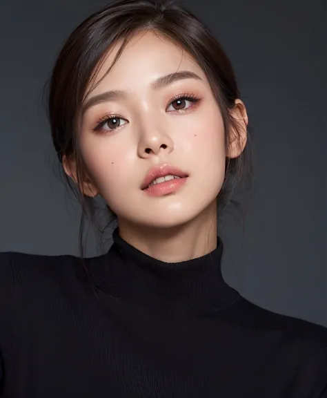 Close-up of a woman in a black turtleneck sweater., Beautiful young Korean woman, Beautiful young Korean woman, Young and attrac...