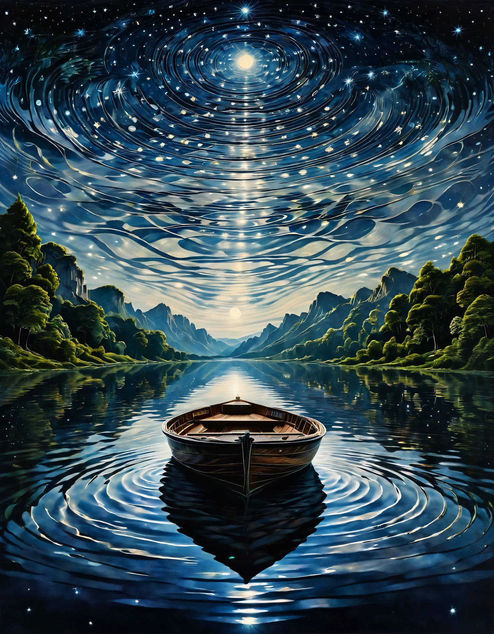 Deep night,serene lake,small wooden boat,starry sky,reflections of stars in the lake,boat floating as if on a milky way,(best quality,4k,8k,highres,masterpiece:1.2),ultra-detailed,(realistic,photorealistic,photo-realistic:1.37),dark color tones,soft moonlight,subtle ripples in the water,calm atmosphere,tranquil solitude,impressionistic style