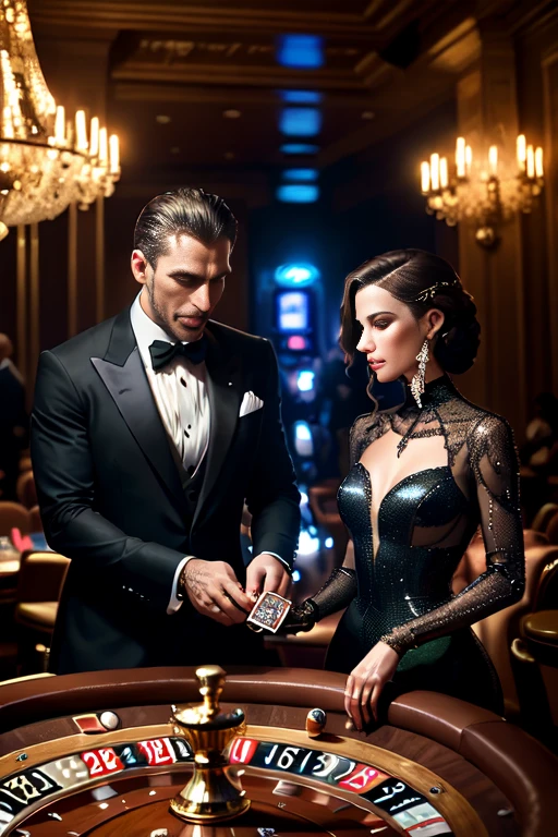 (casino élégant), (meilleure qualité, 4K, 8k, haute résolution, chef-d&#39;œuvre:1.2), Ultra-détaillé, (réaliste, photoréaliste, photo-réaliste:1.37), lumières scintillantes, Détails exquis, Champagne cher, messieurs en smokings noirs sur mesure, noeuds papillon classiques, messieurs en smokings noirs élégants, chapeaux haut-de-forme, des femmes vêtues de robes opulentes et glamour, diamants étincelants et pierres précieuses, hommes jouant au poker avec confiance, les femmes lancent les dés avec élégance, les roues de la roulette tournent gracieusement, cyborgs anthropomorphes se mélangeant harmonieusement, améliorations subtiles, améliorations futuristes, bras de cyborg plaqués or, implants cybernétiques subtilement brillants, des cyborgs confiants et posés avec des caractéristiques humaines, intégration transparente d&#39;éléments artificiels et naturels, accents métalliques subtils, symphonie harmonieuse de l&#39;humain et de la machine, murmures de conversations et de rires, ambiance sophistiquée, textures riches et veloutées, murs artistiquement décorés, de grands lustres projetant une lueur chaleureuse, une musique de jazz douce remplissant l&#39;air, un soupçon de fumée de cigare, Atmosphère mystérieuse et énigmatique, sombre mais accueillant, secrets cachés dans les coulisses, réunion de la haute société à voix basse, émotions tourbillonnantes cachées sous des façades composées, de doux murmures d&#39;excitation et d&#39;anticipation, gestes élégants et suspense palpitant, nuit séduisante et enivrante.