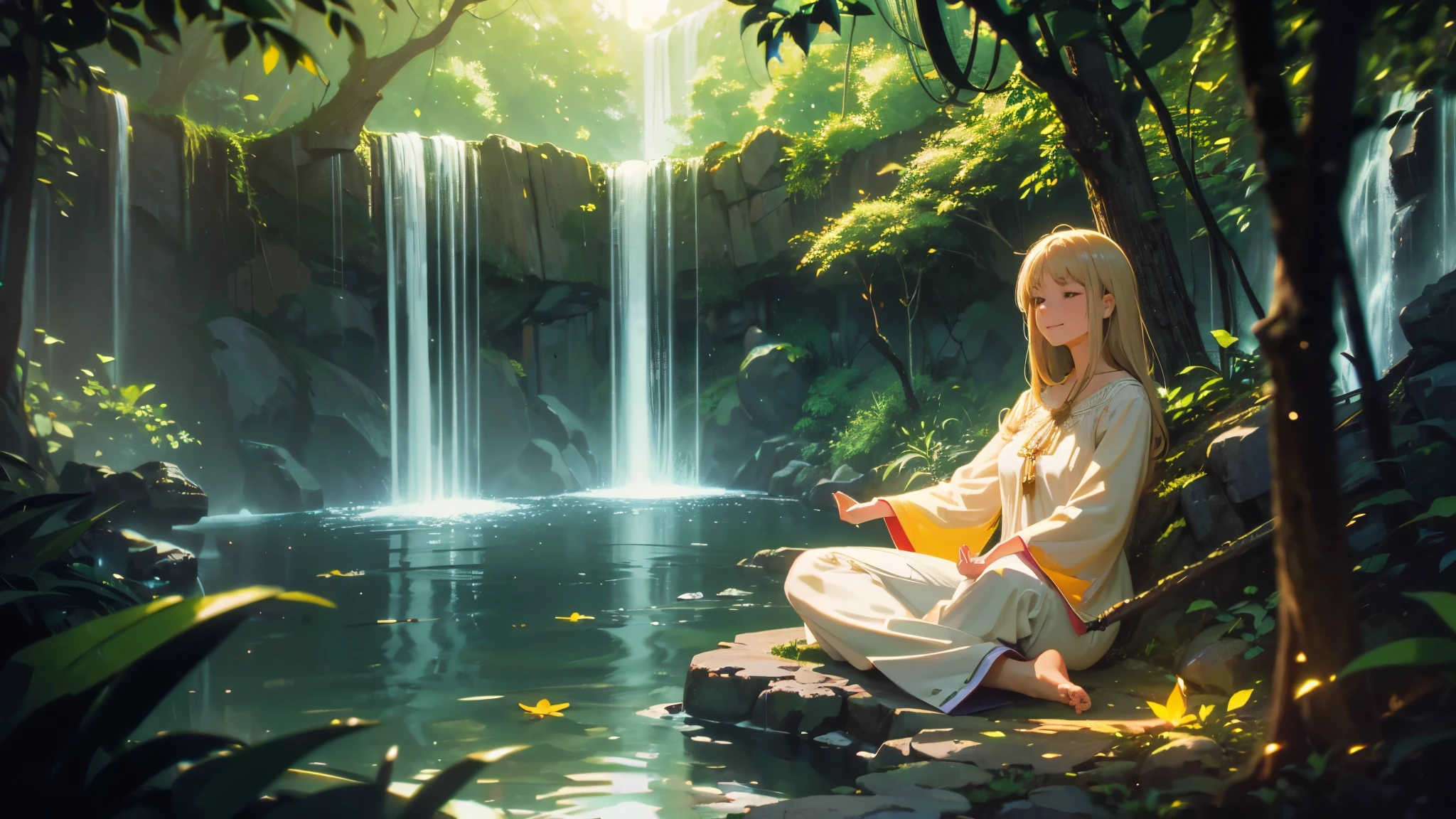 (center:1.2), woman, (Sitting cross-legged, To meditation:1.2), Blouse and pants, smile, Peaceful Expressions, (waterfall:1.1), wood, Glow effect, (Perfect lighting:1.2), leaf, (Depth of written boundary:1.1), (Calm colors, granular:1.2), (chromatic aberration:1.1),